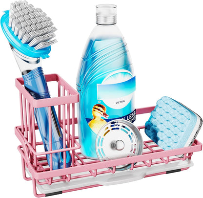 Consumest Sink Caddy, Kitchen Sponge Holder with Dish Brush Holder, Kitchen Organizer with Drip Tray for Countertop, Stainless Steel Rustproof - Silver