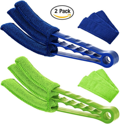 SENHAI Duster, Set of 2 Microfiber Cleaner Brush for Window Blinds, Air Conditioner, Vent, with 2 Extra Sleeves, Blue & Green, ABS Material