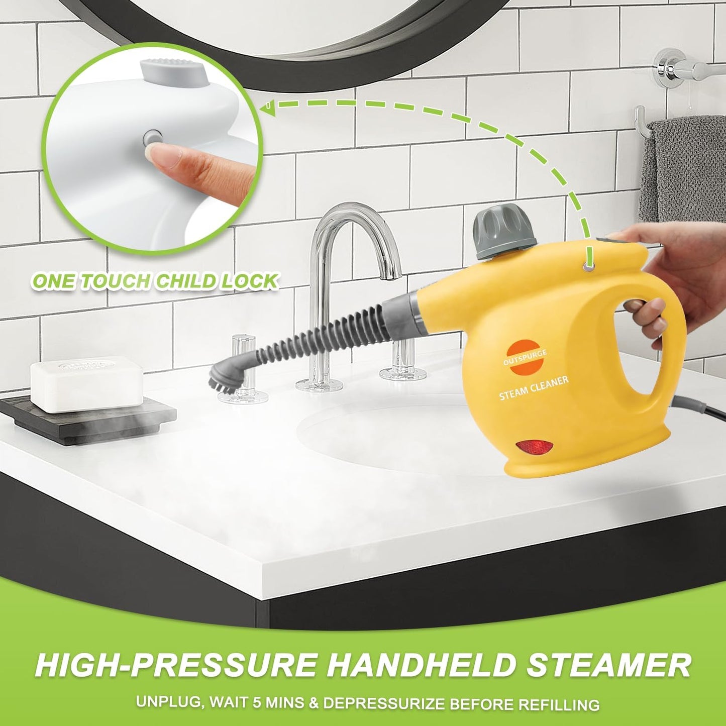 Handheld Steam Cleaner, Pressurized Multi-Surface Steam Shot with 13 Accessories, Safety Lock, Steamer for Cleaning Floor, Upholstery, Grout, Windows, Couch and Car (Yellow)