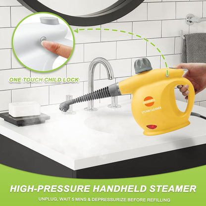 Handheld Steam Cleaner, Pressurized Multi-Surface Steam Shot with 13 Accessories, Safety Lock, Steamer for Cleaning Floor, Upholstery, Grout, Windows, Couch and Car (Yellow)