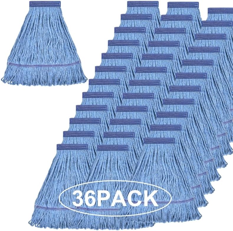 Matthew Cleaning Heavy Duty Mop Head Commercial Replacement for General and Floor Cleaning , Wet Industrial Blue Cotton Looped End String Head Refill (Pack of 6) Blue