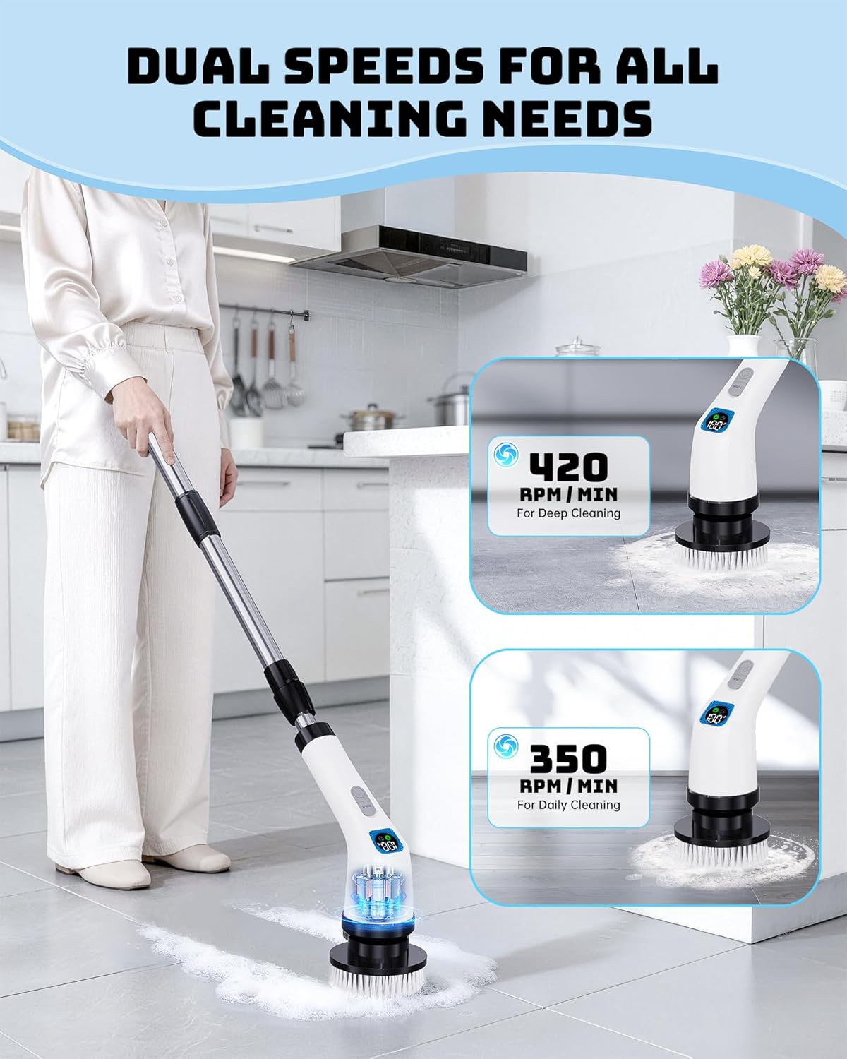 Electric Spin Scrubber for Cleaning Bathroom - Shower Cleaner Brush with Long Handle - Cordless Power Scrubber with 7 Brushes Heads, IPX7 Waterproof Scrub Brush for Bath Tub Tile Grout Glass Tool