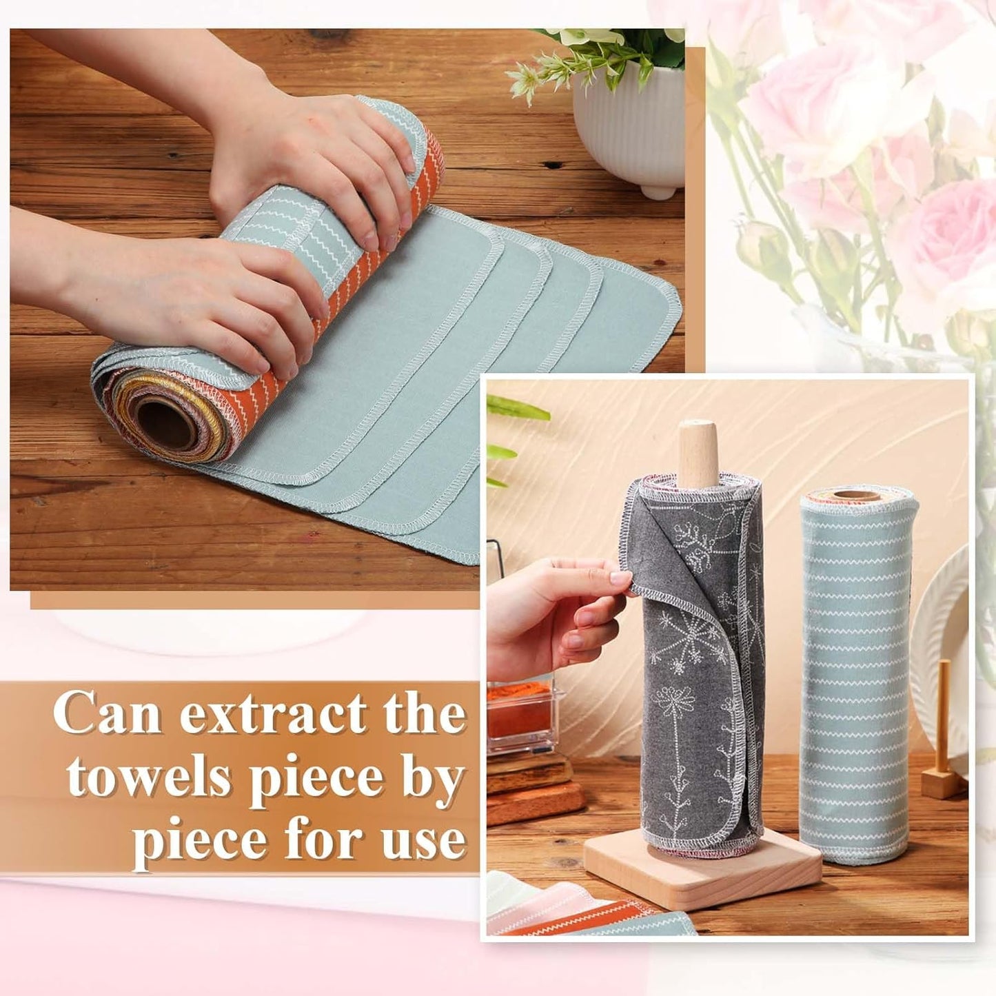 Redbaker 50 Pcs Reusable Paper Towels Paperless Reusable Cotton Cloths Toilet Absorbent Washable Paper Towels with Roll Kitchen Dishcloth for Kitchen Paperless Dishcloths(Stripe)