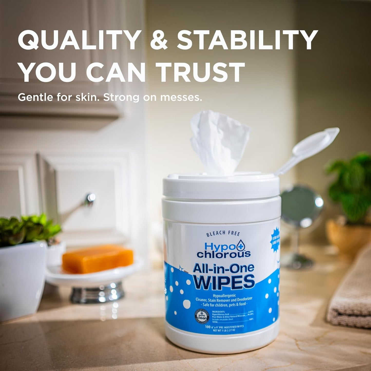 Hypochlorous Acid Wipes – 100 Count Non-Toxic Cleaner for Skin, Baby, Pet, Home & Gym – Bleach-Free