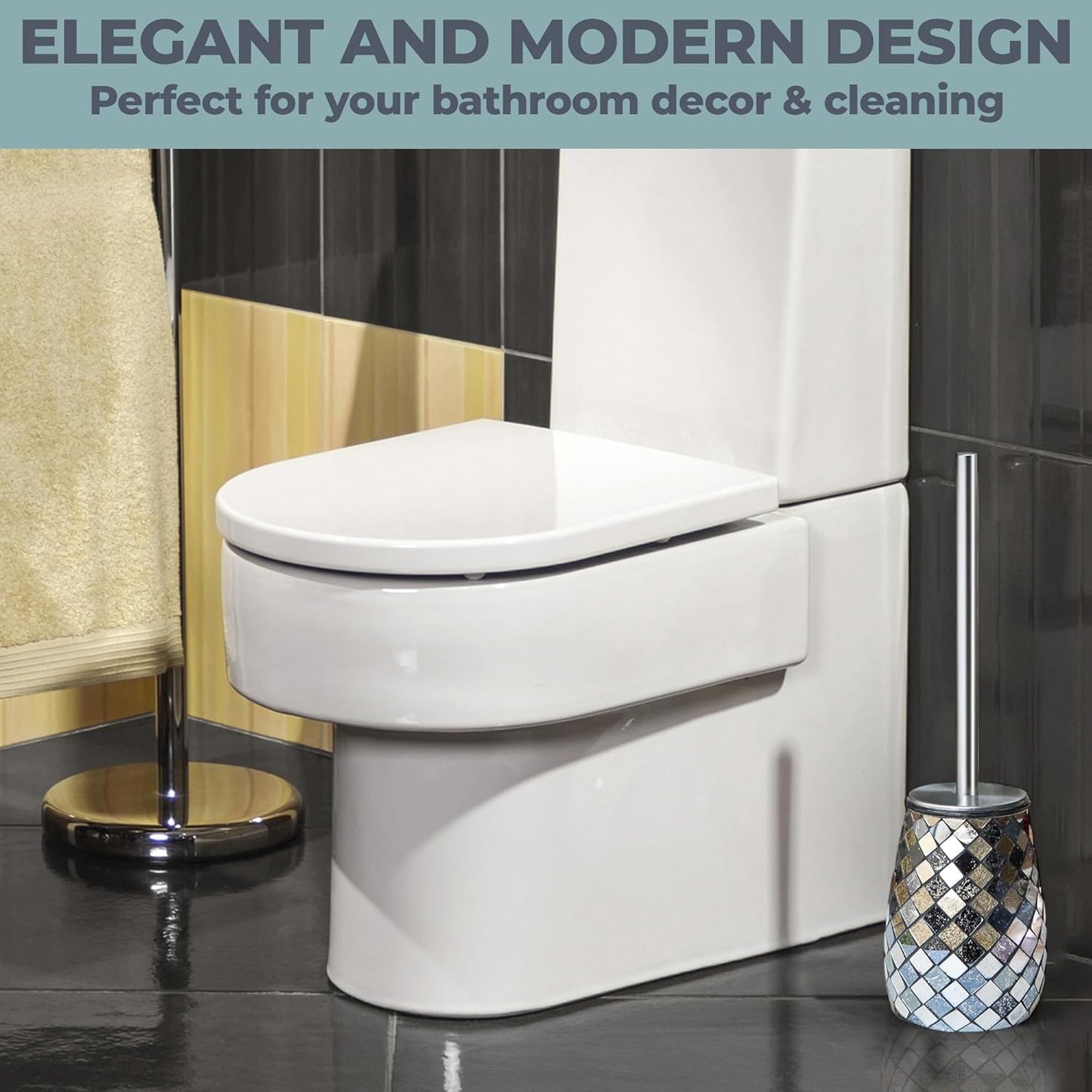 Escenzy Turquoise Green Toilet Brush and Holder Set Mosaic Glass | Non-Rustic Stainless Steel | Practical & Decorative Toilet Bowl Brush and Holder | Luxury Green Bathroom Accessories