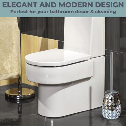 Escenzy Turquoise Green Toilet Brush and Holder Set Mosaic Glass | Non-Rustic Stainless Steel | Practical & Decorative Toilet Bowl Brush and Holder | Luxury Green Bathroom Accessories