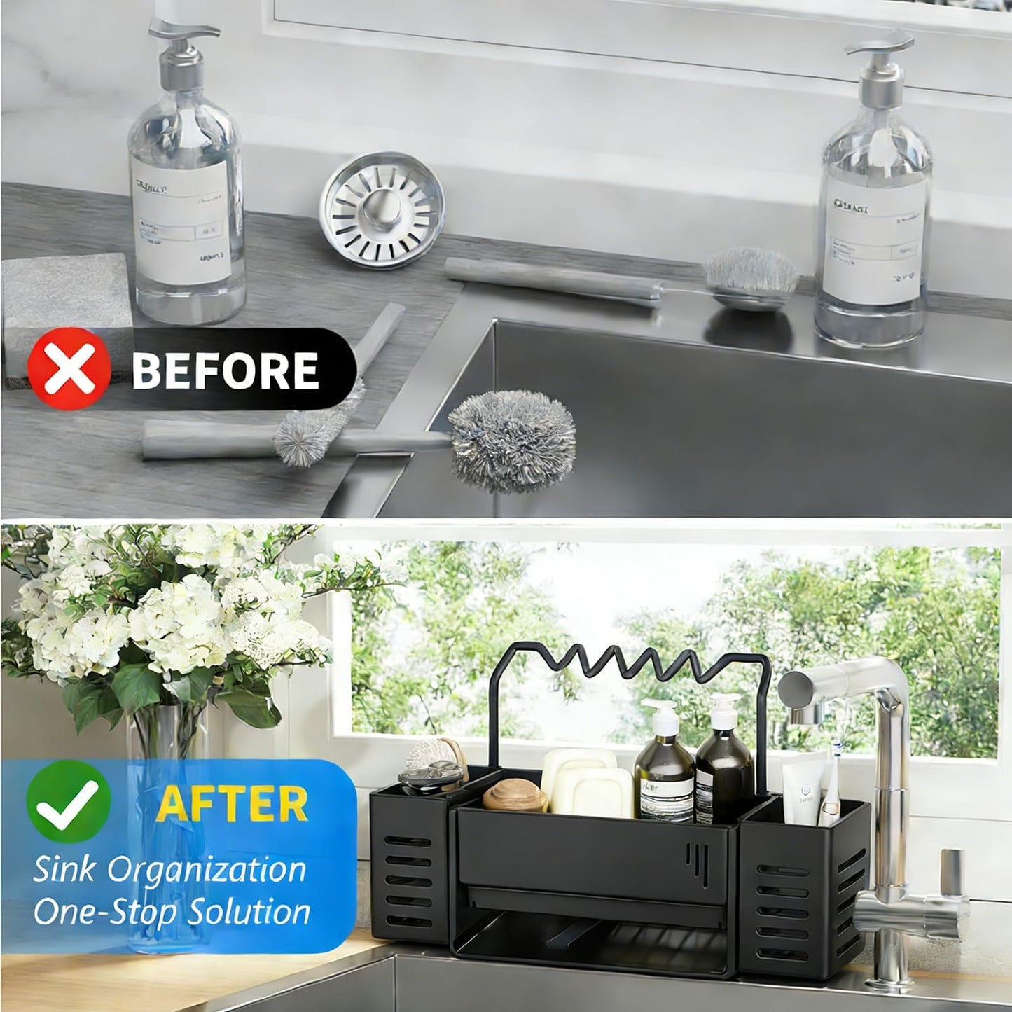 Sponge Holder for Kitchen Sink, Sink Caddy Organizer with 2 High Brush Holder, Kitchen Countertop Organizers and Storage Essentials, Self-draining Sponge Caddy Soap Dispenser Organizer (Gray)