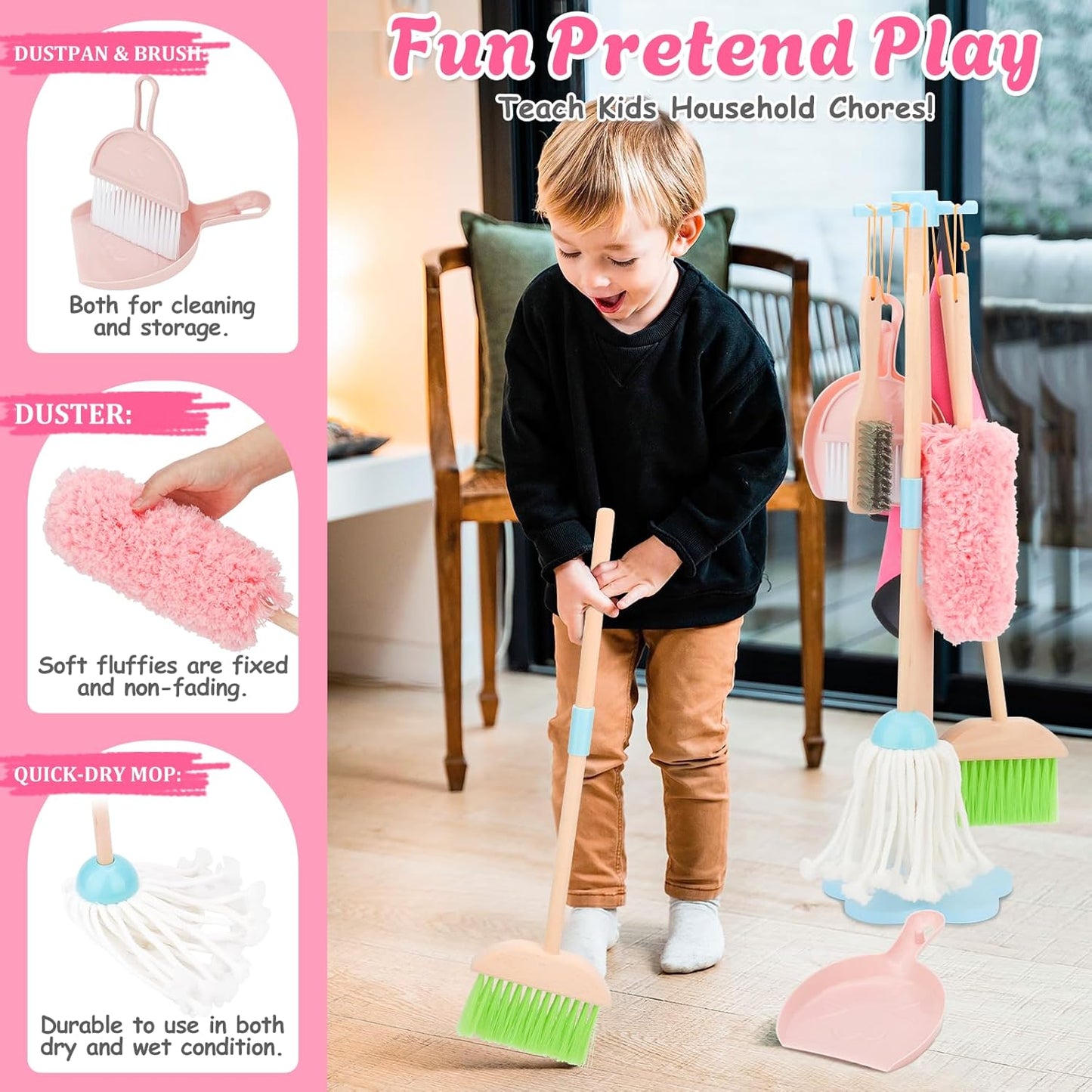 Kids Cleaning Set, Wooden Toddler Broom Set for Housekeeping, 8 Pieces Montessori Cleaning Toys with Kids Broom and Mop Set, Housework Pretend Play Toy Gift for Boys Girls Ages 3+