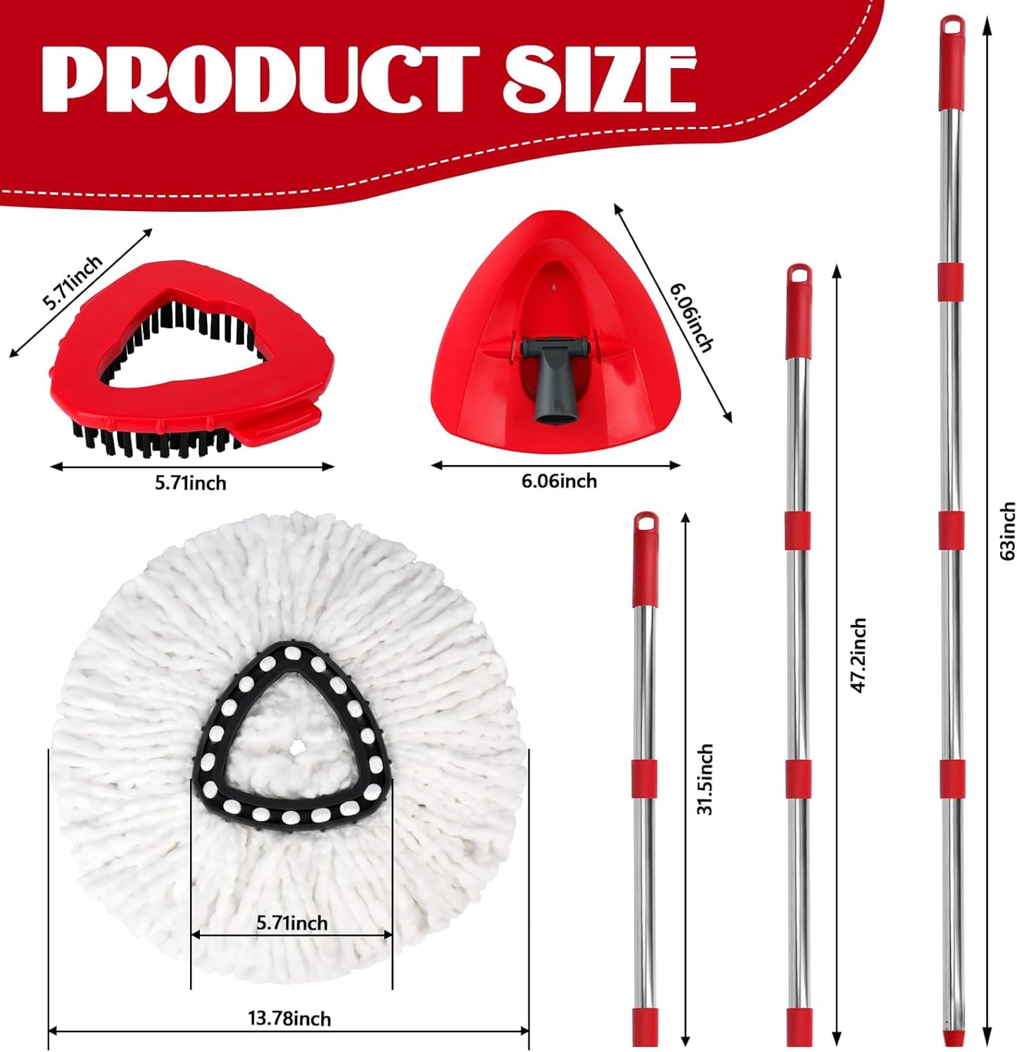 Spin Mop Replacement Set for O-Ceda RinseClean 2-Tank System, 16 Microfiber Spin Mops Refills,1 Scrubber Head,1 Triangle Spin Base,and(31-63in) Adjustable Handle Set Combo