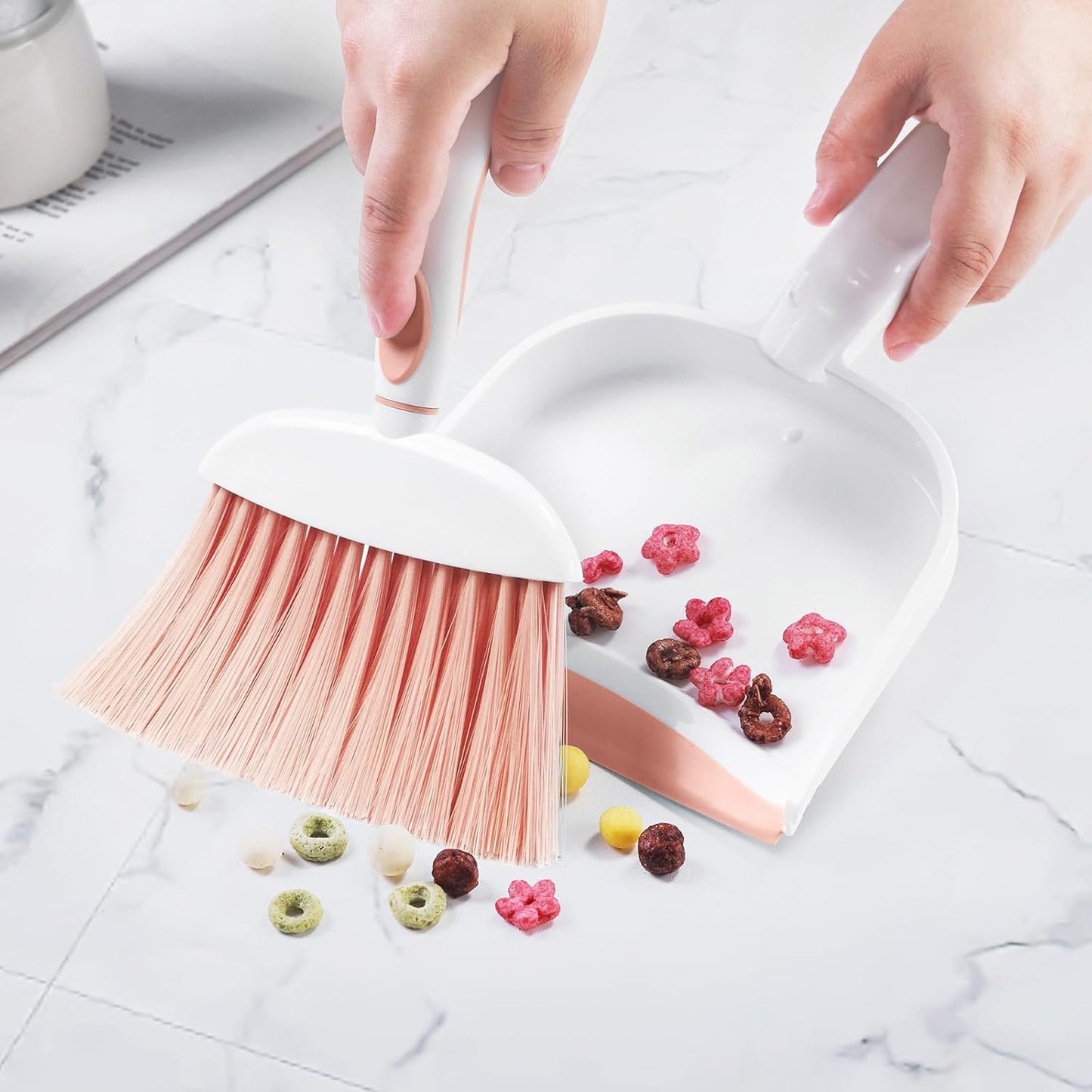 NACENA Small Dust Pan and Brush Set, Mini Broom and Dustpan Set Small Hand Broom and Brush Combo Dust Pan with Teeth for Home Cleaning Drawers Desktop Sofas and Outdoor, White & Gray