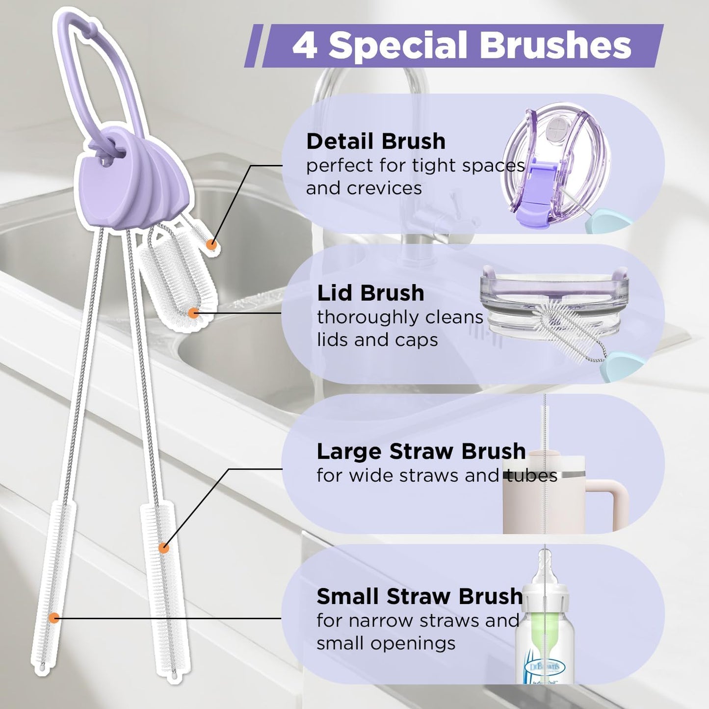 Straw Cleaner Brush Set for 𝗦𝘁𝗮𝗻𝗹𝗲𝘆, Baby Bottles and Sippy Cups,4 in 1 Standing & Hanging Cleaning Set with Holder Ring – Reusable Cleaner for Cup Lids, Spouts and More.(Purple)