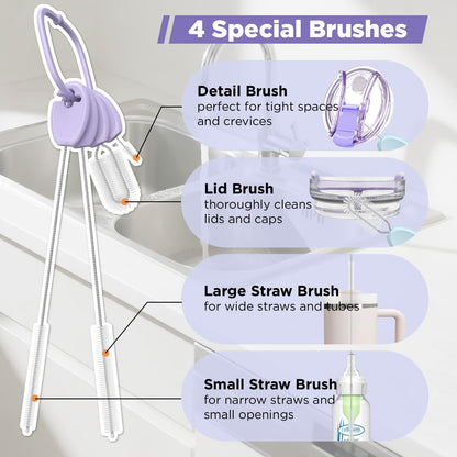 Straw Cleaner Brush Set for 𝗦𝘁𝗮𝗻𝗹𝗲𝘆, Baby Bottles and Sippy Cups,4 in 1 Standing & Hanging Cleaning Set with Holder Ring – Reusable Cleaner for Cup Lids, Spouts and More.(Purple)