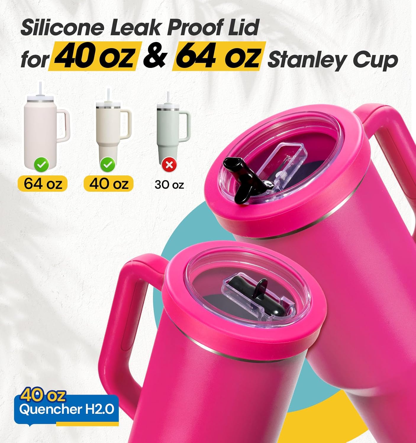 40 Oz Tumbler Flip Straw Lid Compatible with Stanley Quencher Cup, Anti Spill Replacement Cup Covers, Durable Silicone Leak Proof Lids with Cleaning Brush Set for Travel Storage