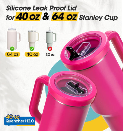 40 Oz Tumbler Flip Straw Lid Compatible with Stanley Quencher Cup, Anti Spill Replacement Cup Covers, Durable Silicone Leak Proof Lids with Cleaning Brush Set for Travel Storage