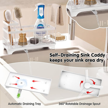 VOOWO Sponge Holder for Kitchen Sink, Compact Sink Caddy with Detachable Brush Holder and Towel Rack, Stainless Steel Kitchen Sink Organizer for Dish Sponge, Soap Dispenser Storage Accessories (White)