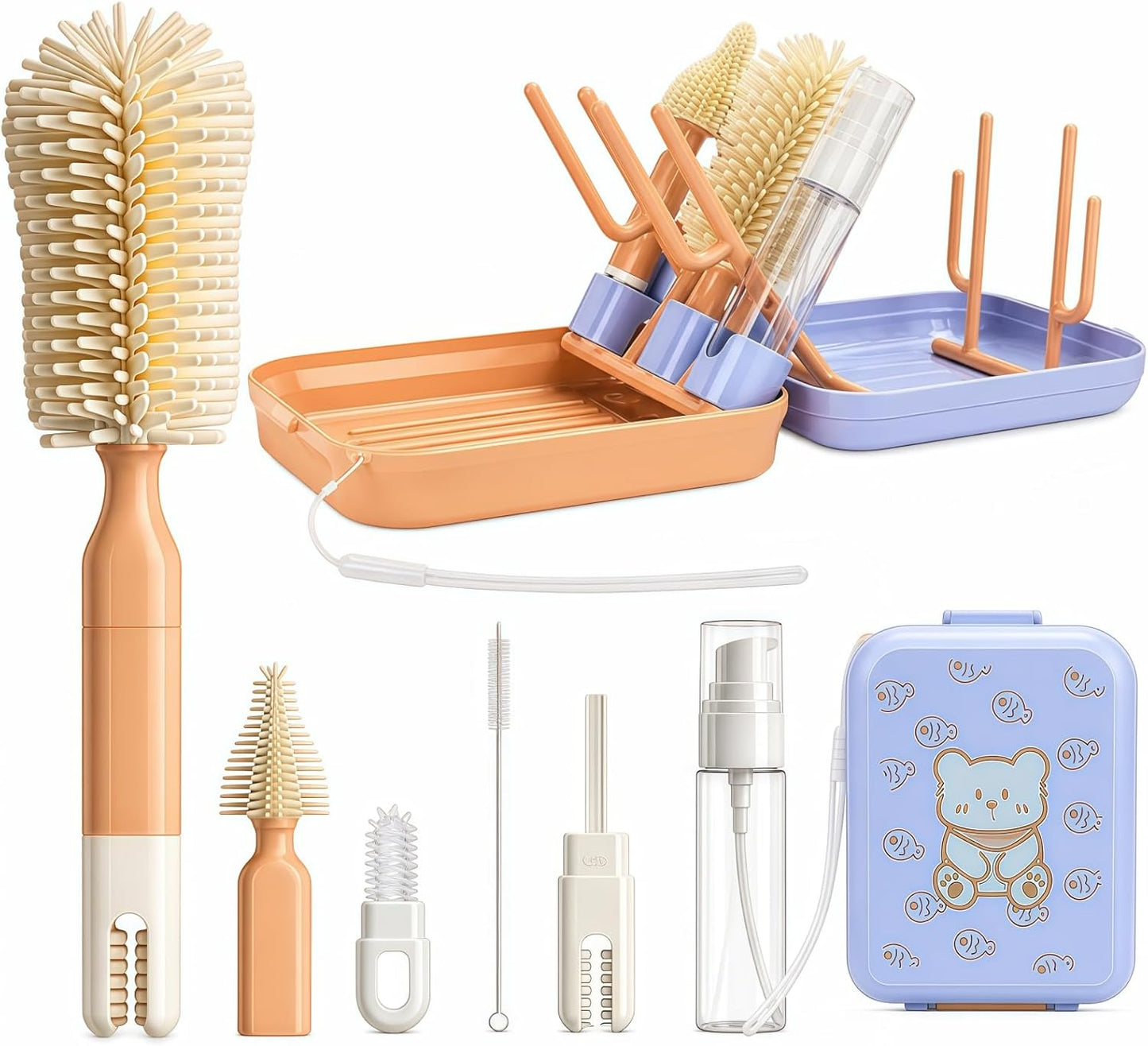 8-in-1 Baby Bottle Brush Set with Drying Rack, Portable Travel Bottle Cleaning Kit, Silicone Cleaner for Newborn Essentials, Nipple & Straw Brush, Soap Dispenser(Pink)