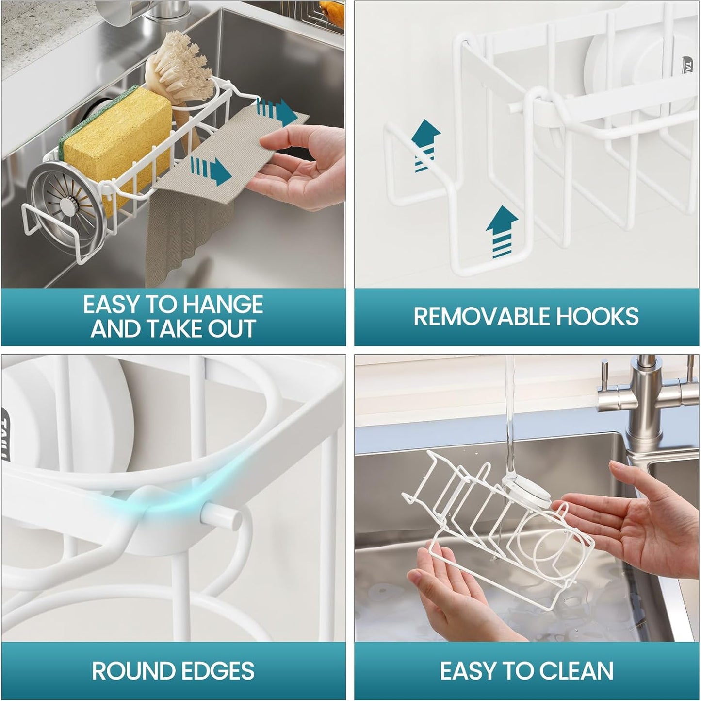 TAILI Sponge Holder for Kitchen Sink with Strong Suction Cup, Rustproof Aluminum Sink Caddy for Sponges, Removable Sponge Holder, Dish Brush for Scraper - Silver