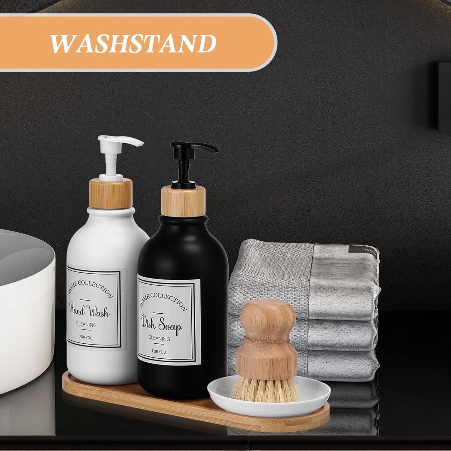 Zopeal 4 Pcs 16 oz Kitchen Soap Dispenser Set with Bamboo Tray and Dish Brush Plastic Soap Dispenser Set with Waterproof Labels for Hand Dish Lotion(Frosted Black)