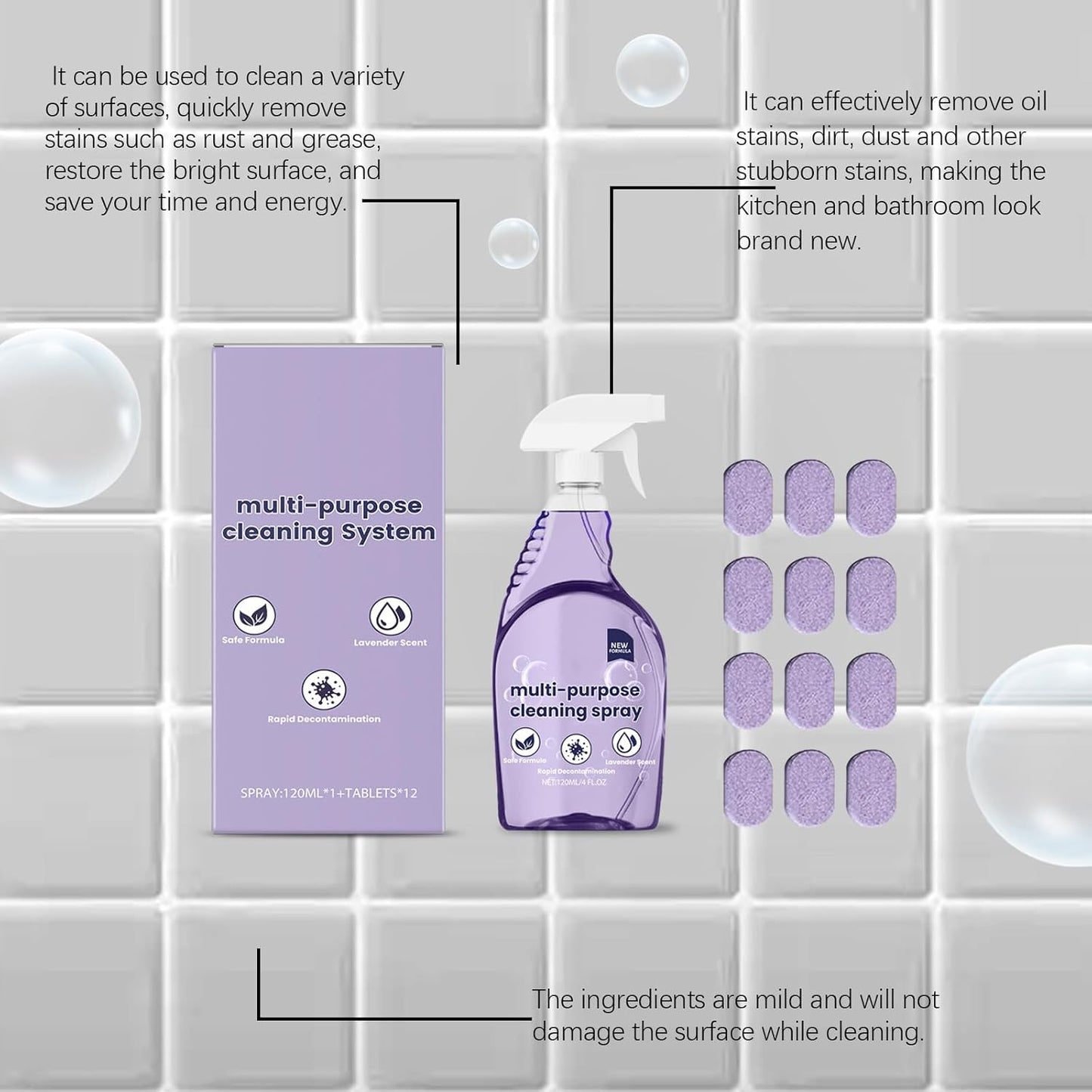 Spray Oven Cleaner, Multi-Purpose Cleaning System, Multi-Surface Cleaning Spray with Concentrated Tablets for Grill, Kitchen, Bathroom, Home (12pcs)