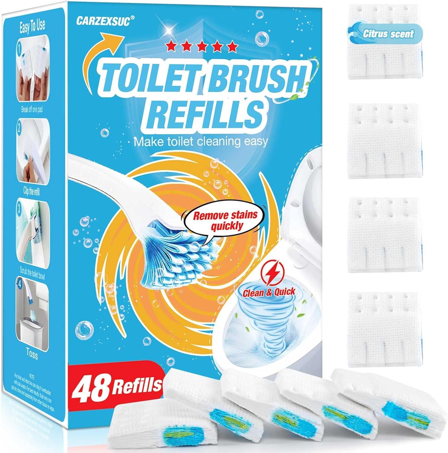 Toilet Cleaner Refill Pads Ocean Scent Enhanced Odor Control 48 Count Toilet Scrubber Refill Clean Stains Disposable Toilet Brush Refill for Toilet and Bathroom
