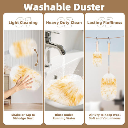 Ostrich Feather Dusters for Cleaning Kit - Reusable Soft Feather Duster Extendable to 49 inches for Cleaning Ceiling Fan, High Ceiling, Blinds & Retractable Small Duster for Keyboard, Car