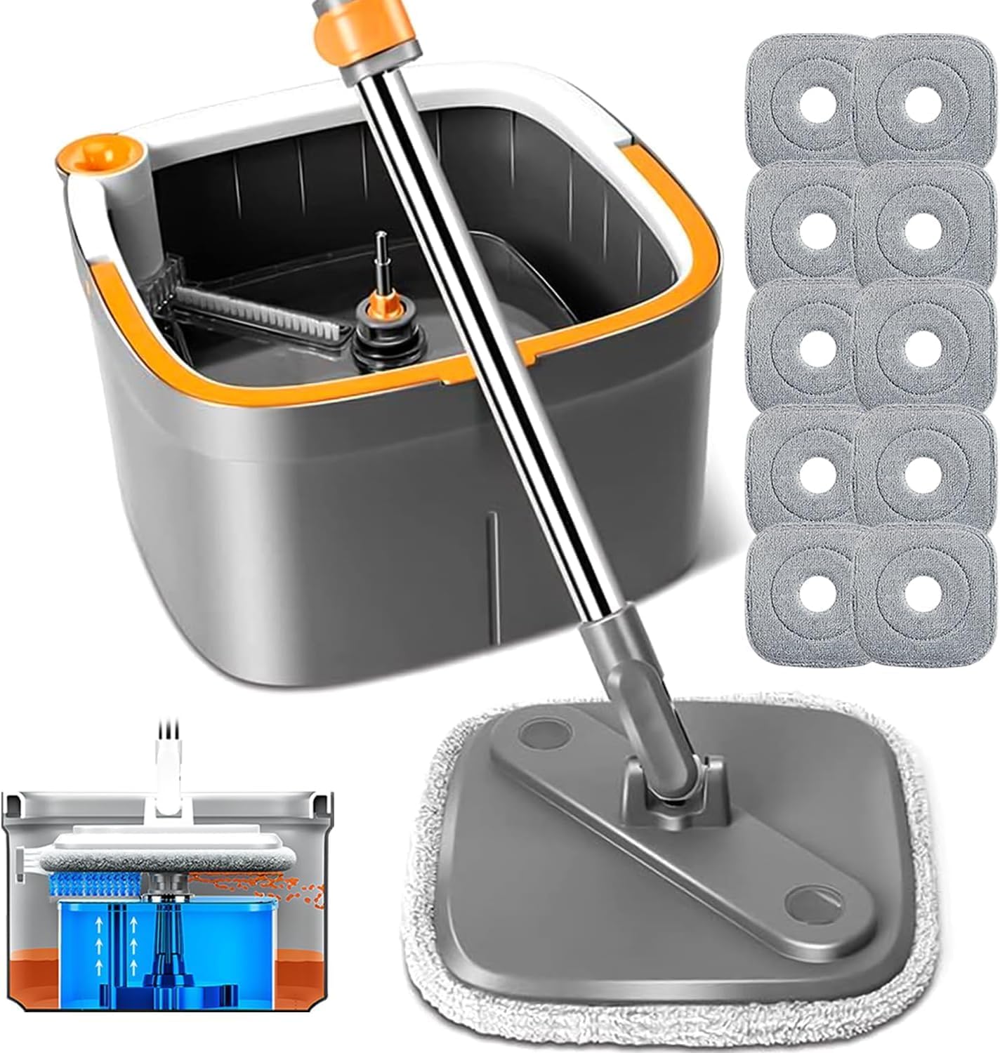 Spin Mop and Bucket Set with 10 Replaceable Microfiber Mop Pads with Self Separation Dirty and Clean Water System, Self Wringing 360° Rotating Square Mop Head for Hardwood Tile Marble Floors