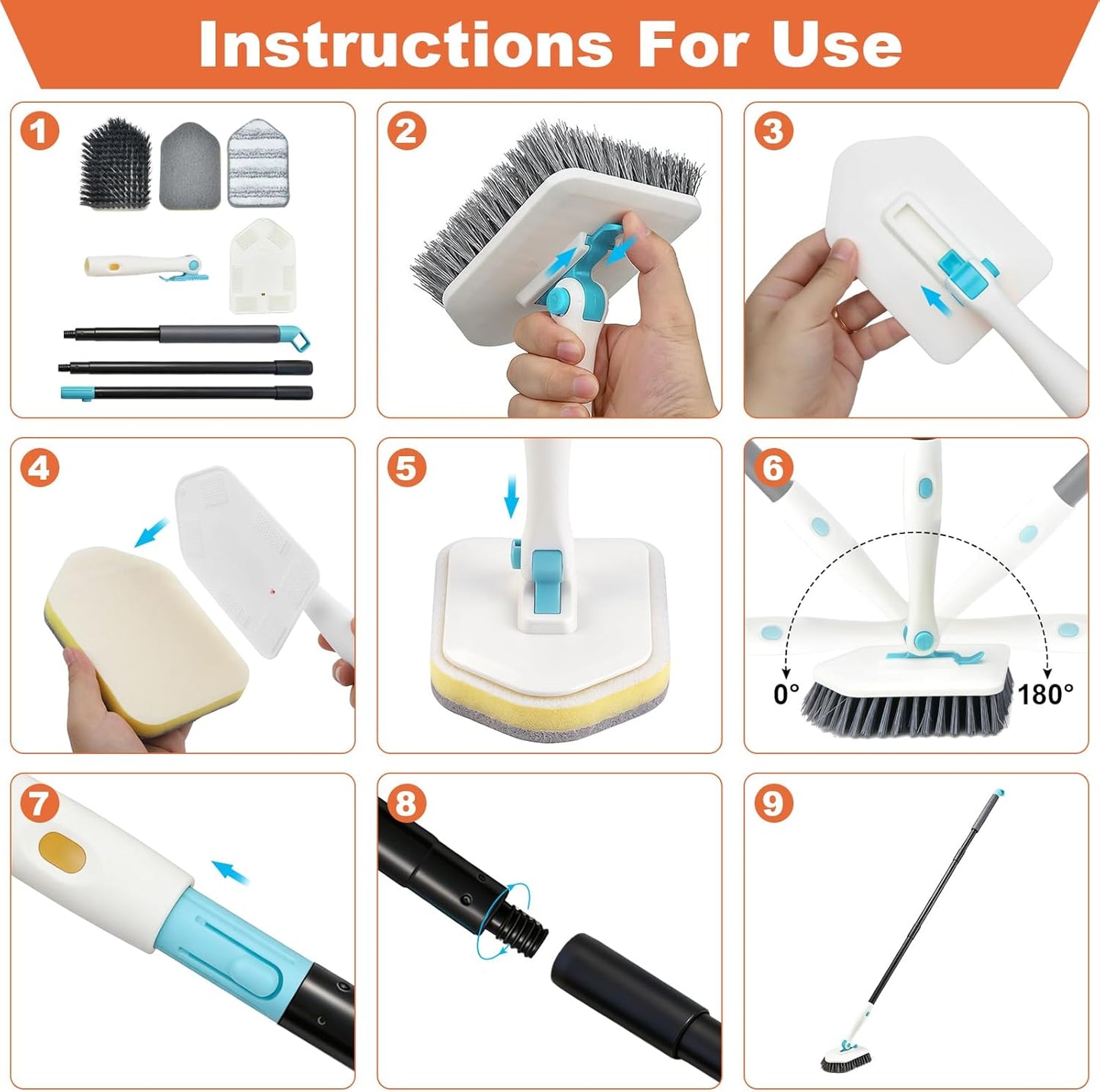Long Handled Scrub Brush for Shower，3-in-1 Cleaning Brushes with 3 Different Function Cleaning Heads Brush for Shower Cleaning Bathroom Kitchen Walls Tub Tile