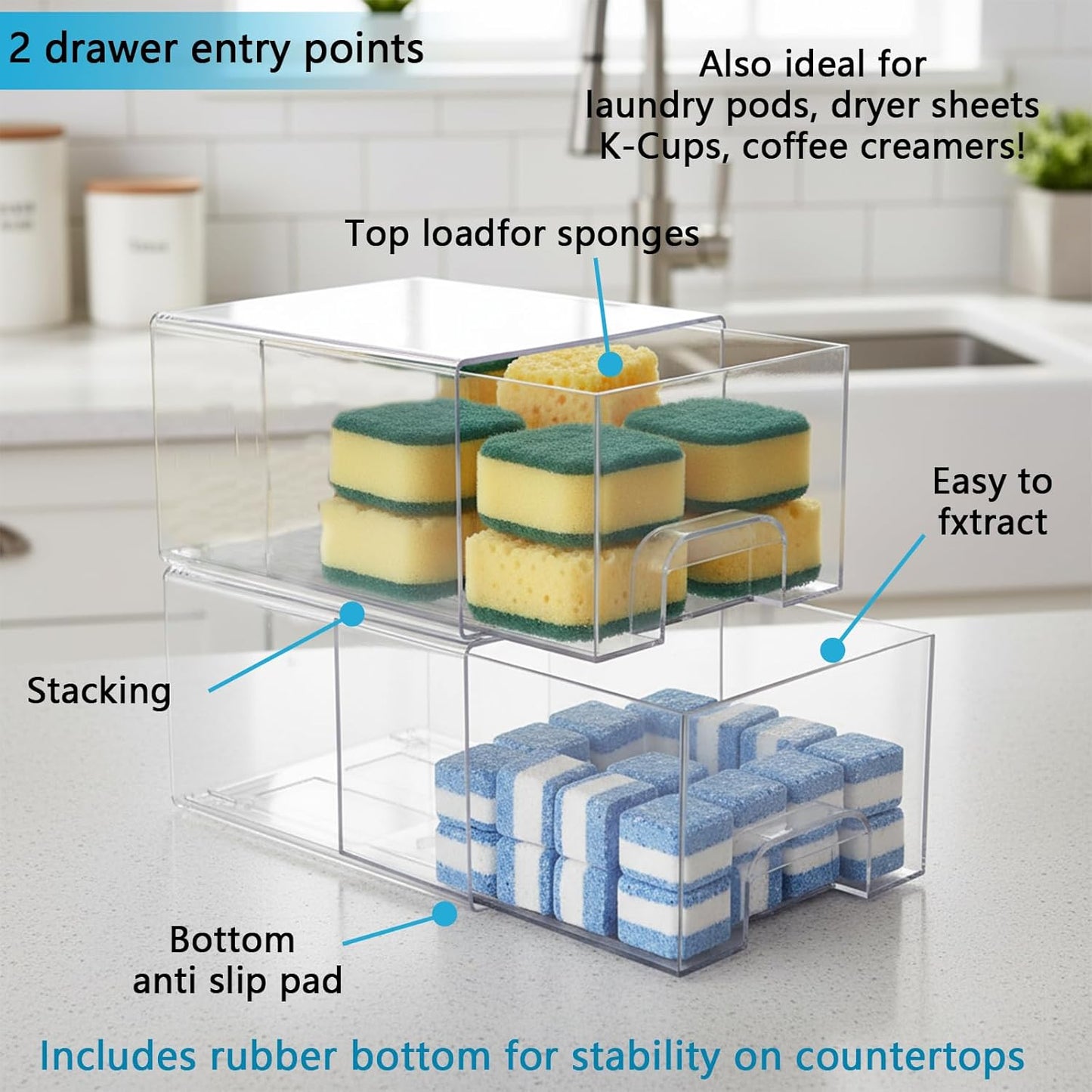 2 Pack Laundry Pods Container, Stackable Laundry Room Organization Storage Drawers, Dryer Sheet Container, Detergent Holder with Pull Handle, Bathroom Organization, Clear