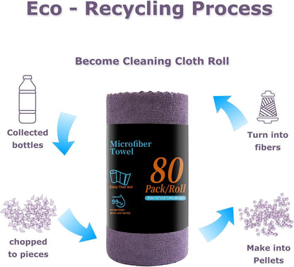 80 Pack Microfiber Cleaning Cloth Roll Reusable Paper Towels 12"x12" Tear Away Cloth, Microfiber Towels for Cars, Wash Cloths, Lint Free Dark Grey Rags for House, Kitchen,Window,Cleaning Supplies