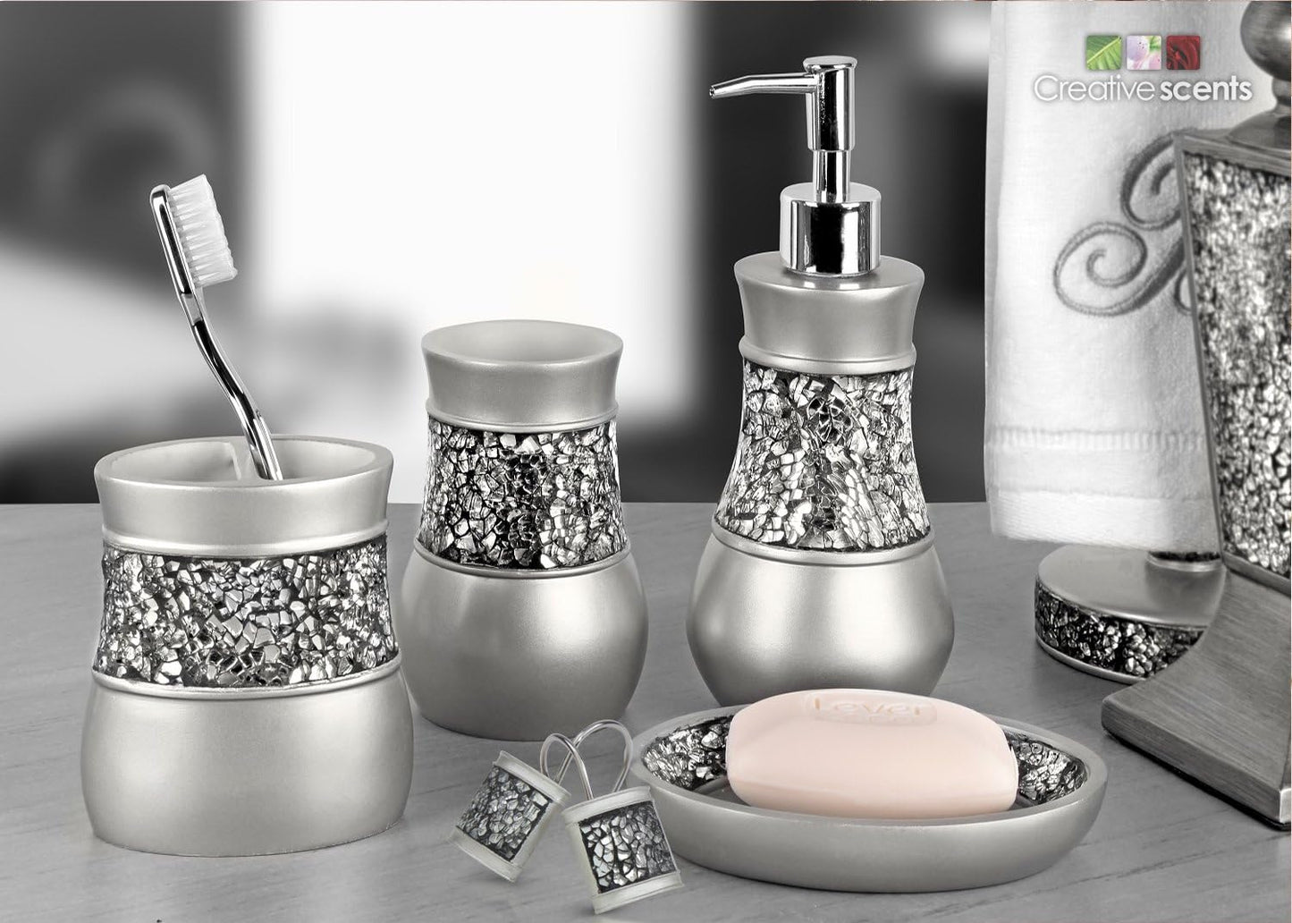 Creative Scents Crackled Glass Toilet Brush with Holder - Silver Toilet Bowl Cleaner Brush and Holder - Good Grip, Deep Cleaning, Decorative Design Compact Toilet Bowl Scrubber