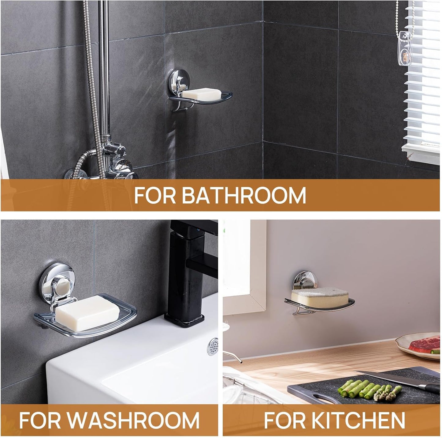 LEVERLOC Soap Holder Shower with Hooks, Bar Suction Cup Soap Dish Tray for Wall, Rust-Proof Stainless Steel Sponge Caddy for Bathroom Accessories Organizer Bathtub Kitchen Sink, Black