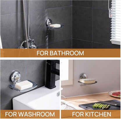 LEVERLOC Soap Holder Shower with Hooks, Bar Suction Cup Soap Dish Tray for Wall, Rust-Proof Stainless Steel Sponge Caddy for Bathroom Accessories Organizer Bathtub Kitchen Sink, Black