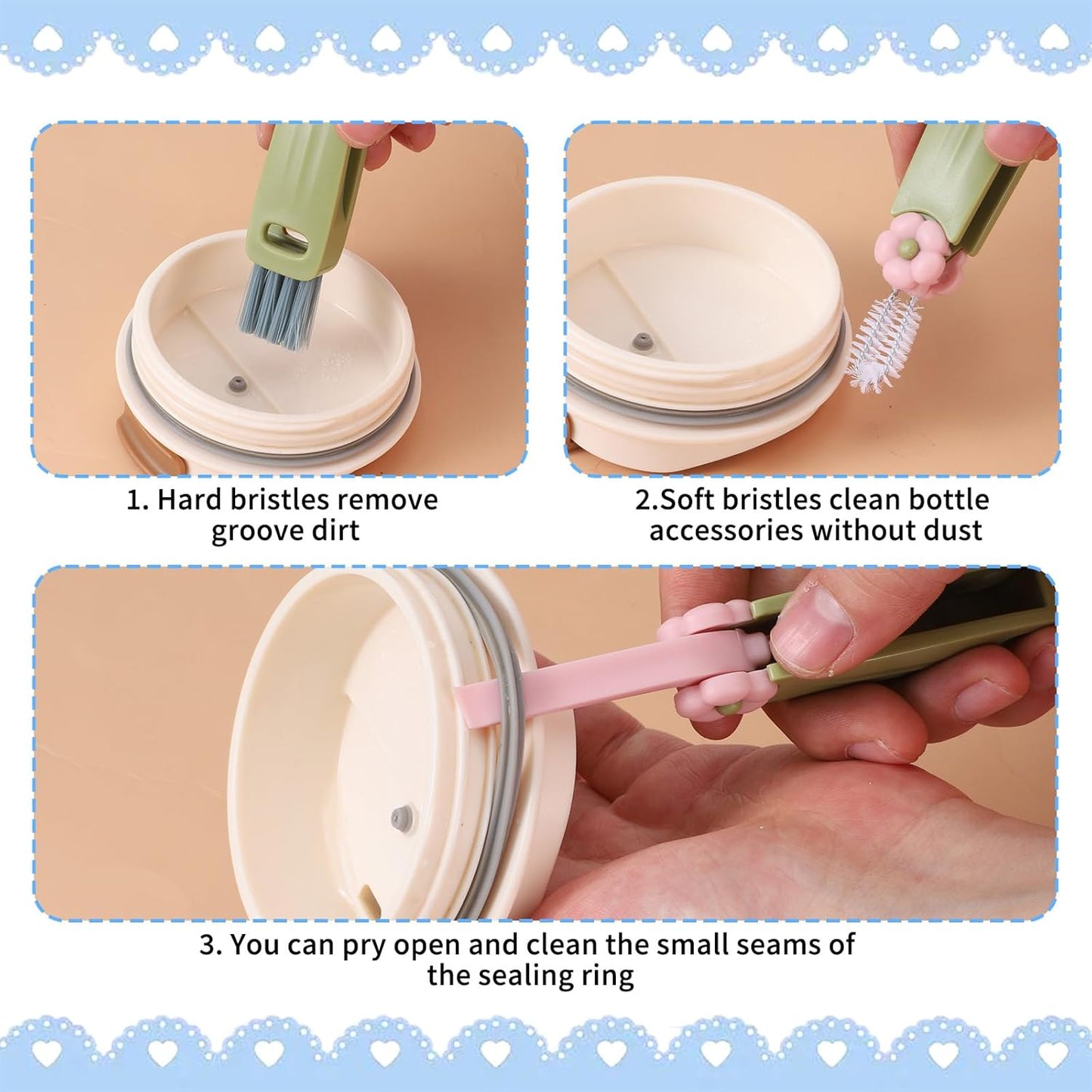 Straw Cleaner Brush Set: 3 Pcs Reusable Pea Long Straw Pipe Cleaner Brushes and 2 Pcs Cup Lid Cleaning Brush for Water Bottles and Tumblers
