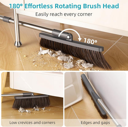 MOPALL Broom with Dustpan Combo Set with 52.5" Extra Long Handle, Self-Cleaning Dustpan Teeth for Dog Cat Pets Hair, 180° Swivel Brooms Head for Sweeping Indoor, Includes 2 Broom Heads