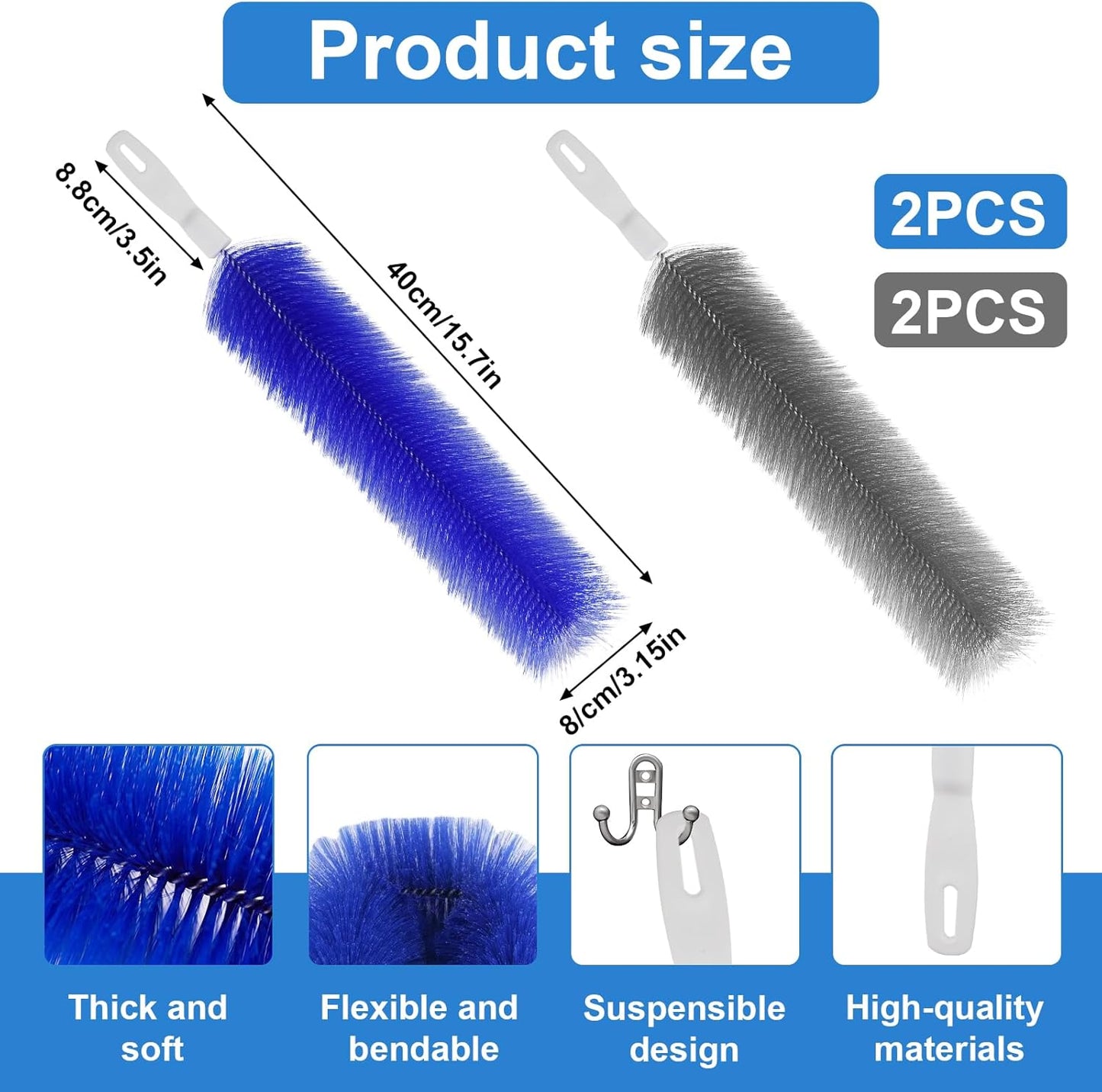 2 Pcs Cobweb Duster, Bendable Fan Cleaner Brushes Set Reusable, Plastic Microfiber Duster for Air Conditioning Shutters,Ceiling Fan, Blades, Curtains,Air Vents(Blue，Gray)