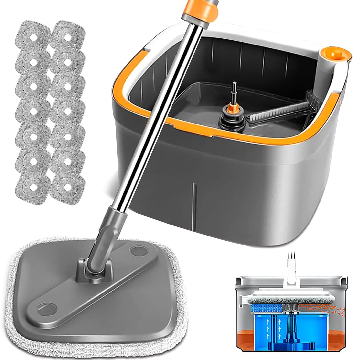 Spin Mop and Bucket Set with Self Separation Dirty and Clean Water System, Mop Set with Self Wringing 360° Rotating Clean Floor Mop-Head for Hardwood Tile Marble Floors (Dark Gray, 10pads)