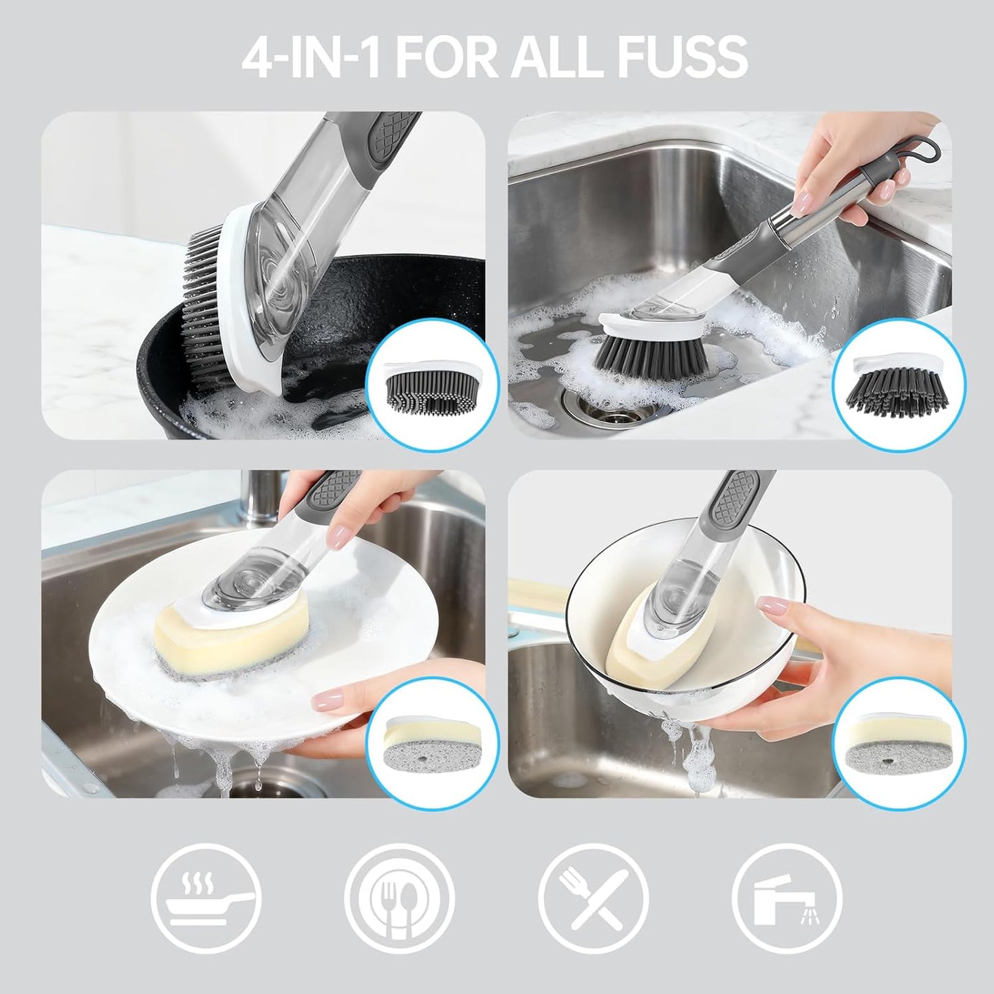 Soap Dispensing Scrub Brush - 4-in-1 Kitchen Cleaning Brush with Built-in Tank, Scraper Heads for Stubborn Grime on Pots Pans, Stand/Hang Storage-Blue