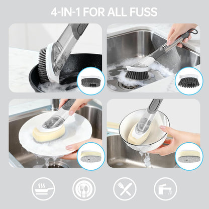 Soap Dispensing Scrub Brush - 4-in-1 Kitchen Cleaning Brush with Built-in Tank, Scraper Heads for Stubborn Grime on Pots Pans, Stand/Hang Storage-Blue