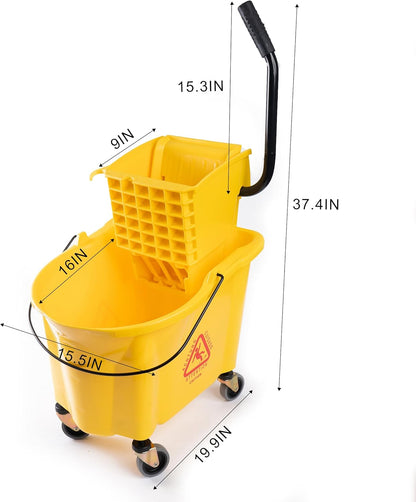 Matthew Cleaning 34 Quart Commercial Mop Bucket INCL.Wet String Mop with Side Press Wringer On Wheels,Heavy Duty Tandem Portable Floor Cleaning Wavebrake,Ideal for Household,Industrial,Restaurant