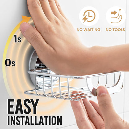 LEVERLOC Soap Holder Shower with Hooks, Bar Suction Cup Soap Dish Tray for Wall, Rust-Proof Stainless Steel Sponge Caddy for Bathroom Accessories Organizer Bathtub Kitchen Sink, Black