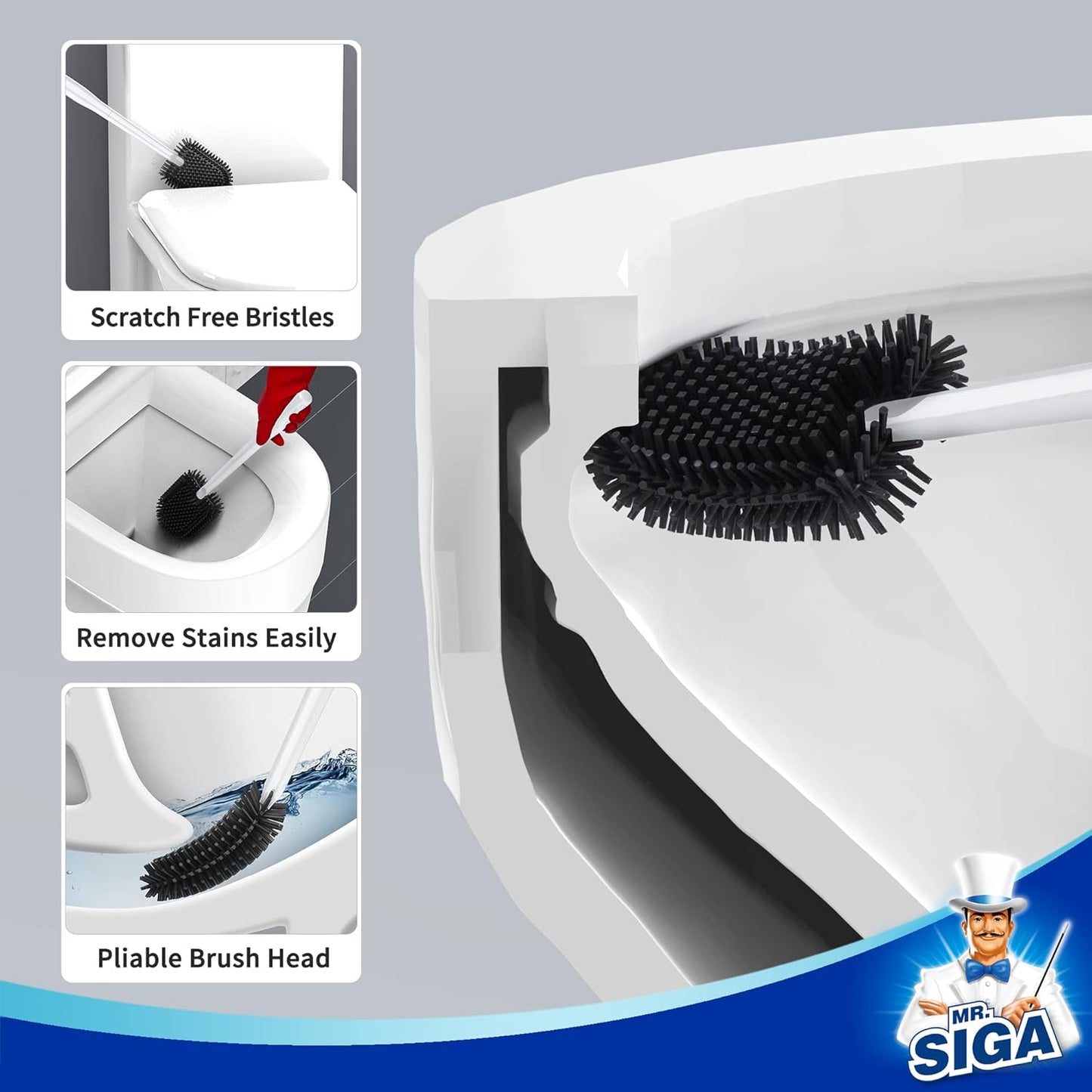 MR.SIGA Toilet Bowl Brush and Holder, Durable and Flexible Bristles, Wall Mounted Toilet Brush for Bathroom Cleaning, Black, 1 Pack