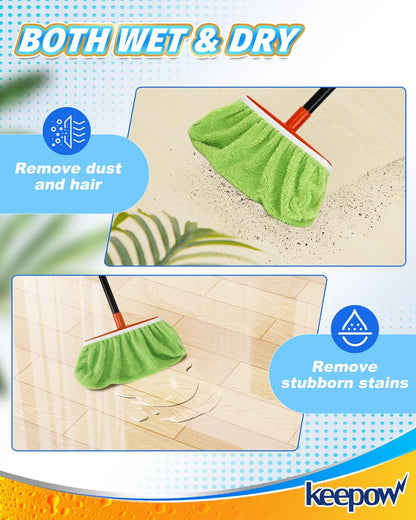 KEEPOW 4 Pack Washable Chenille Broom Pads, Baseboard Cleaner Cloth Covers for Daily Dusting, Reusable Broom Covers Compatible with Standard Brooms Under 11×5.9 in for Floors & Walls (Blue & Green