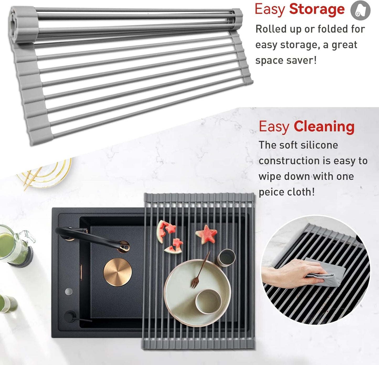 MERRYBOX Triangle Roll Up Dish Drying Rack Over The Sink, 2025 Anti-Rust Sink Drying Rack with Full Silicone Wrapped for Top of Corner, Anti-Slip Organizer for Kitchen