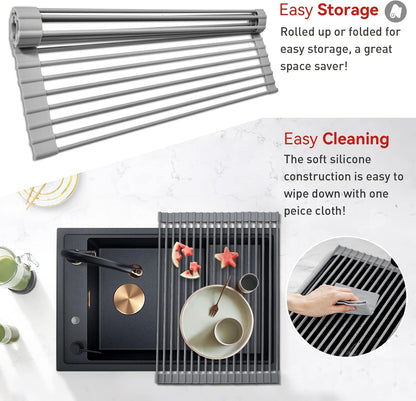 MERRYBOX Triangle Roll Up Dish Drying Rack Over The Sink, 2025 Anti-Rust Sink Drying Rack with Full Silicone Wrapped for Top of Corner, Anti-Slip Organizer for Kitchen