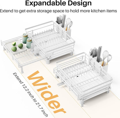SNTD Dish Drying Rack - Extendable Dish Rack, Large Sink Drying Dish Drainer for Kitchen Counter, Stainless Steel Dish Strainer with Utensil Holder (Black)