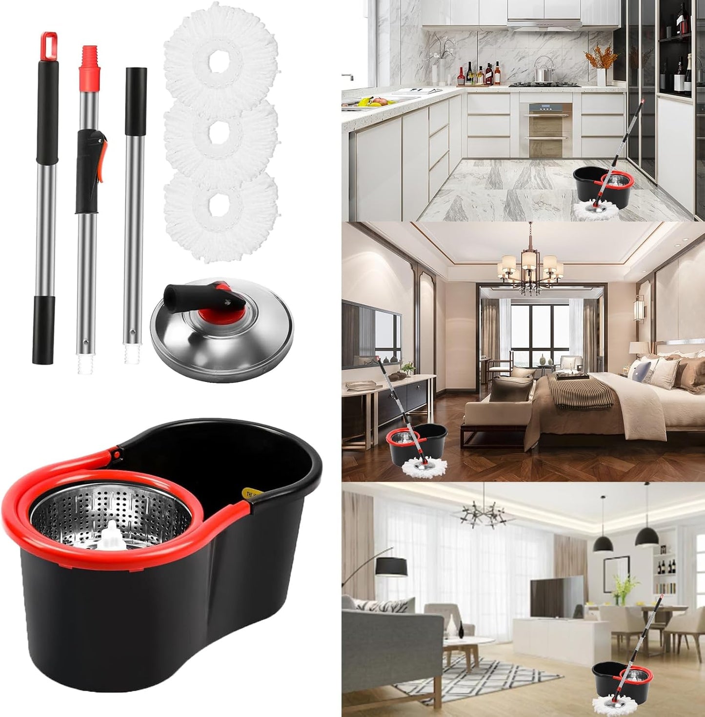 Spin Mop and Bucket Set, 360° Spinning Mop and Bucket System, for Mop Floor Cleaning, with 3 Microfiber Mop Replacement Heads and 61" Stainless Steel Adjustable Handle