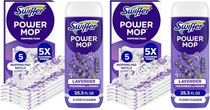 Swiffer Power Mop Refill Pack, Floor Cleaner for Mopping Tile, Vinyl, Laminate, Wood in Home, Bathroom, Kitchen, All Purpose Multi-Surface Cleaning, 5 Pads + 1 Lavender Solution