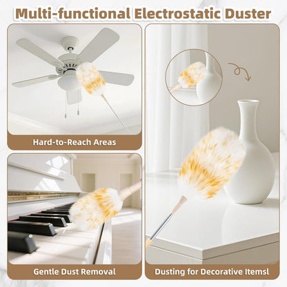 Ostrich Feather Dusters for Cleaning Kit - Reusable Soft Feather Duster Extendable to 49 inches for Cleaning Ceiling Fan, High Ceiling, Blinds & Retractable Small Duster for Keyboard, Car