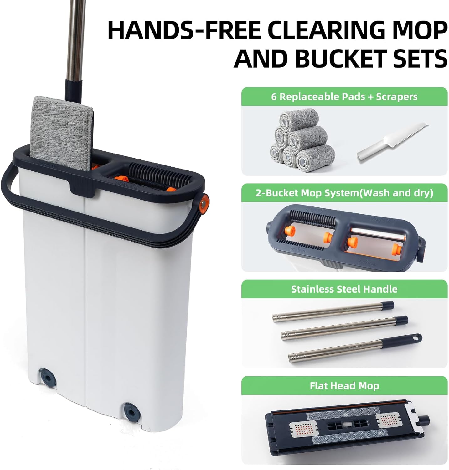 Mop and Bucket Set with Wringer Flat Mop Bucket System for Home Floor Cleaning,6 Reusable Microfiber Pads,Extended Stainless Steel Handle,Ideal for Hardwood,Wood,Laminate Floors,and Bathroom Mop