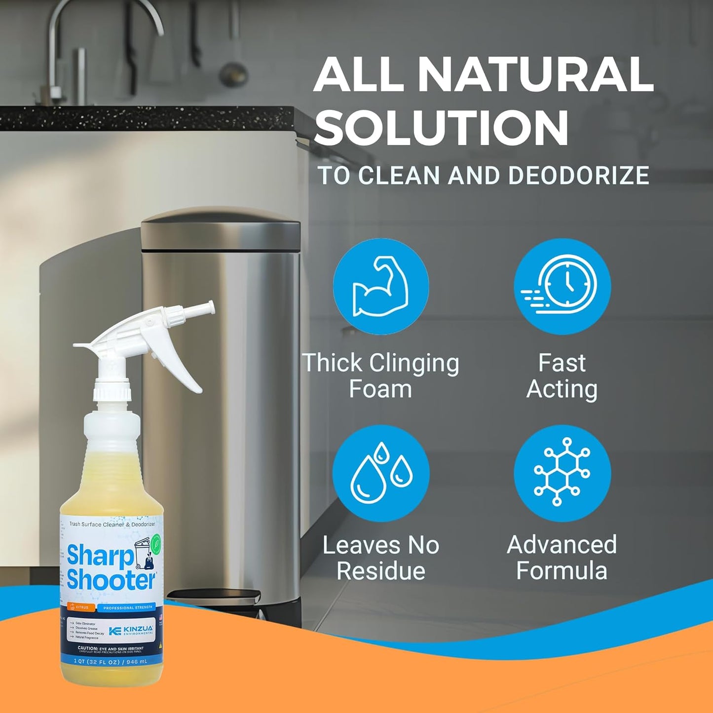 Sharpshooter, Heavy-Duty Trash Can Odor Eliminator & Degreaser, Garbage Surface Cleaner and Deodorizer Foam, Professional-Grade, Fresh Citrus Scent, 32 oz